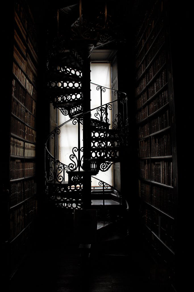 A spiral staircase elegantly ascends between tall bookshelves in a dimly lit library room.